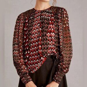 Anthropologie Bl-nk Sequin-Embellished Blouse Red Black Zig Zag Chevron Top